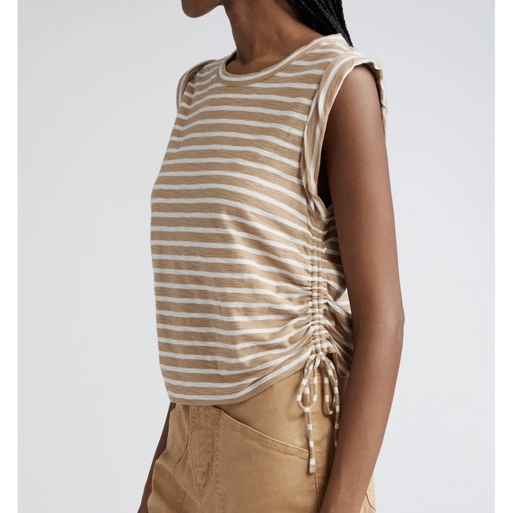 Veronica Beard Vinci Side Ruched Cotton Muscle Tee LARGE Off White Khaki Stripe